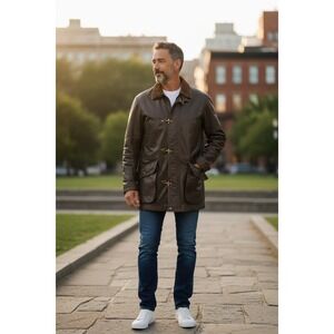 DANIER Genuine Leather Barn Coat Men's 2XL Brown Toggle  vintage Corduroy Collar